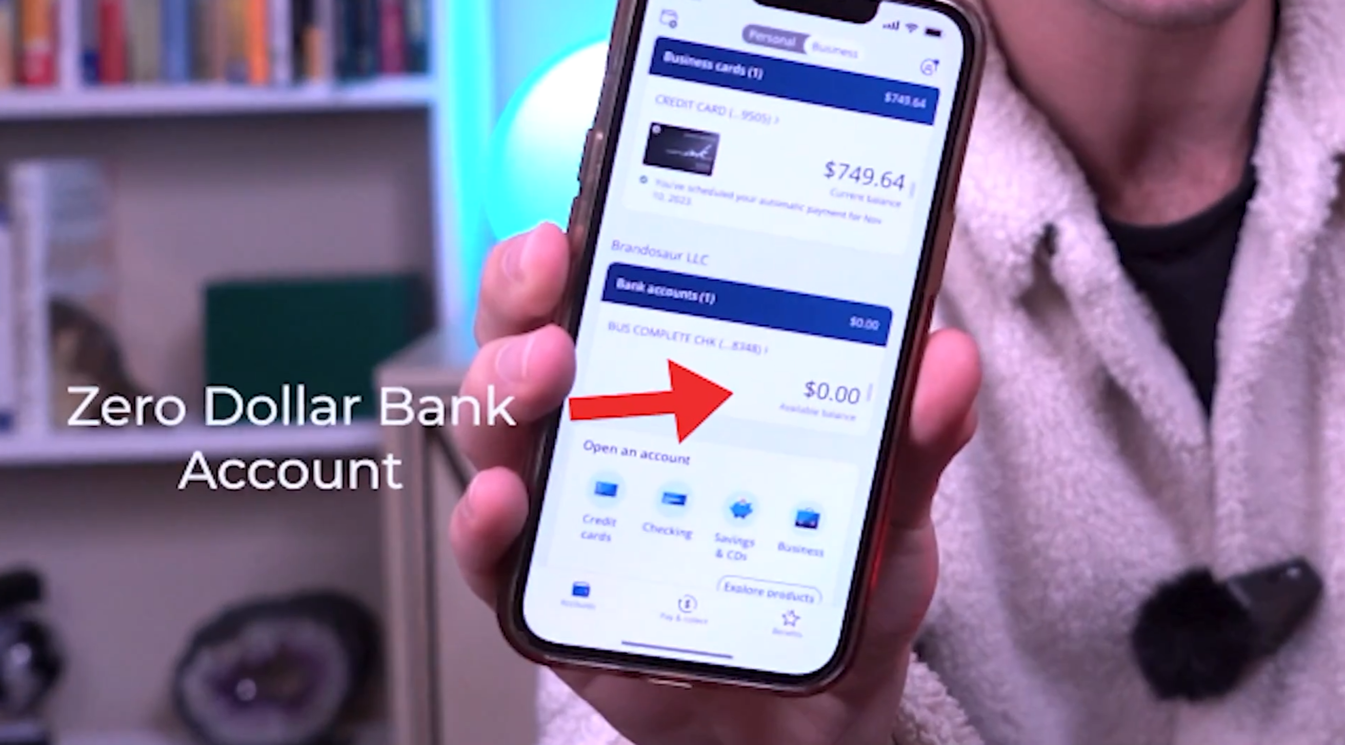 Phone screen showing a low business bank balance